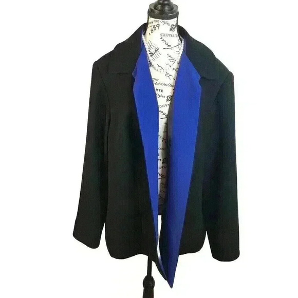 Studio I Womens 22W Black With Periwinkle Blue Trim Open Front Blazer Notched - Picture 1 of 4